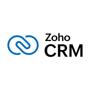 Zoho CRM logo featuring a stylized chain link and the text "Zoho CRM."