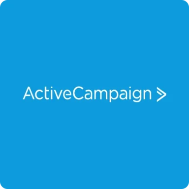 Blue background with the ActiveCampaign logo and a right arrow symbol.