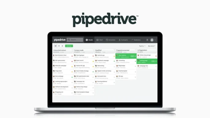 Pipedrive dashboard displayed on a laptop screen with project management features.